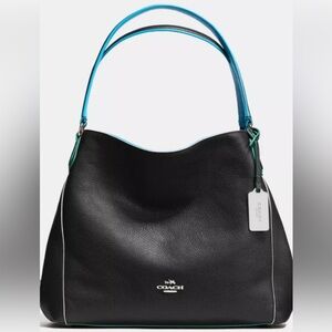 Coach Edie 31 Black Leather Shoulder Bag with tri-color edgestain trim